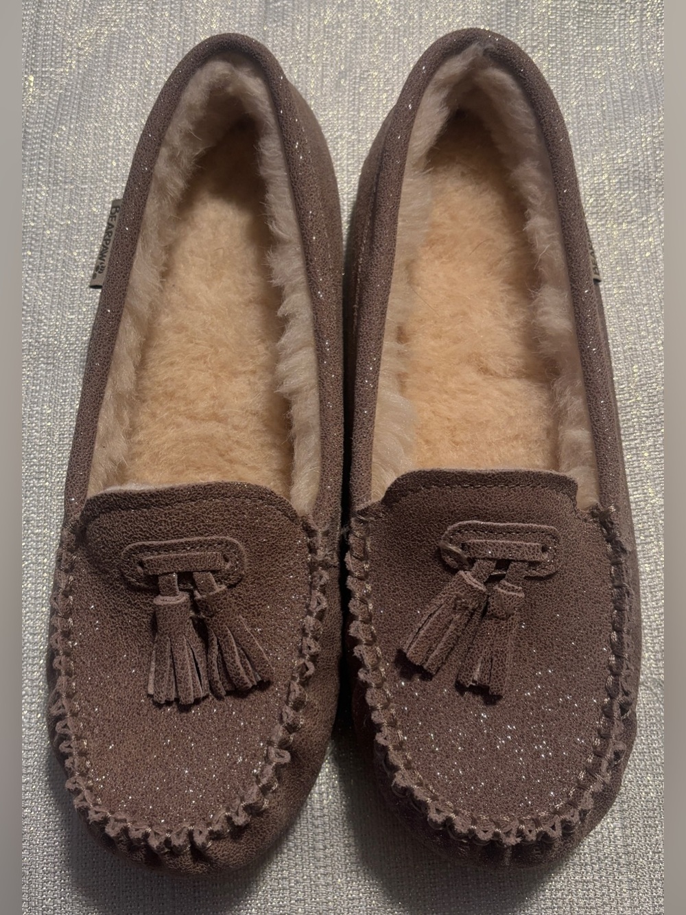 BEARPAW Suade Moccasins Size 11 Wide Taupe Caviar Glitter Women's Flats